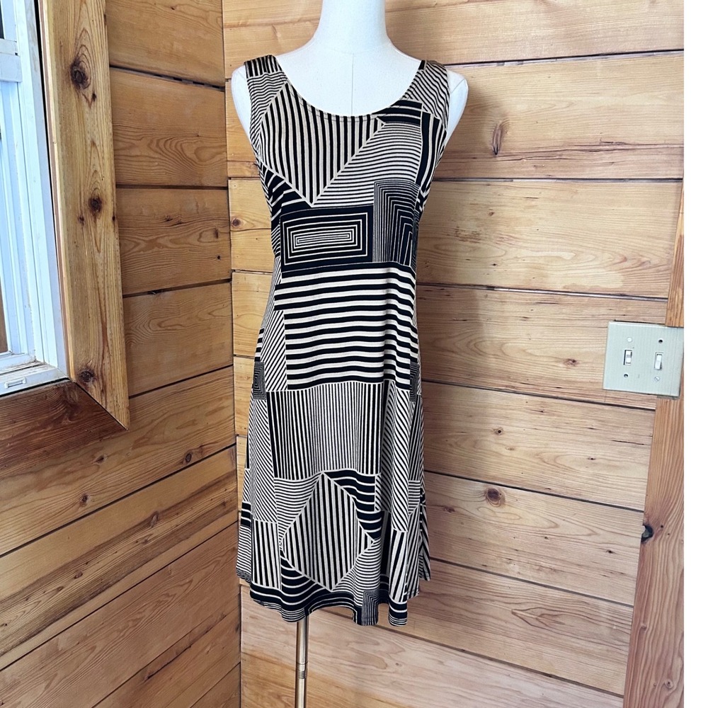 Geometric Optical Illusion Tank Dress Women Small Black Tan Psychedelic Jostar